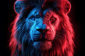 Majestic Lion Portrait in Vibrant Red and Blue Light