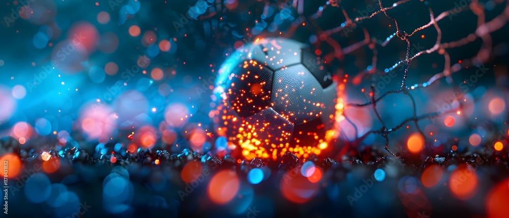 Poster dynamic soccer ball passing through goal net with vibrant bokeh effects and dramatic lighting