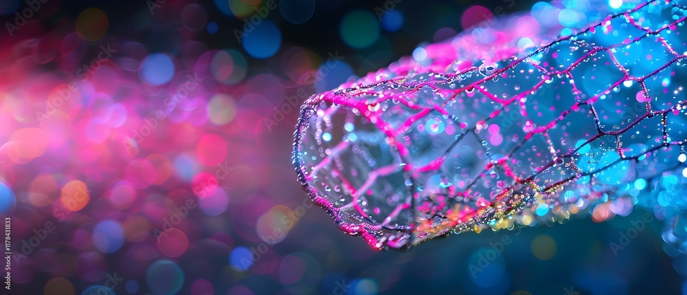 Poster colorful abstract background with water droplets and mesh pattern highlighting bright bokeh effects