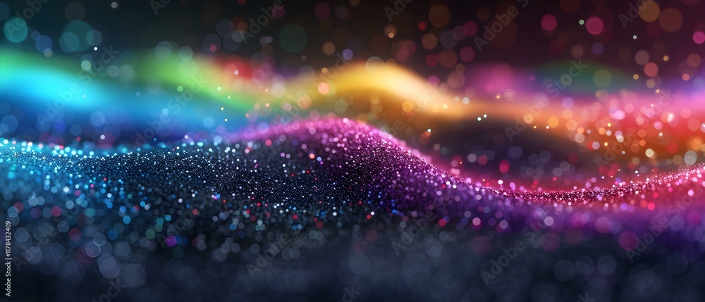 Poster vibrant abstract colorful waves with glittering particles in a dreamy bokeh background