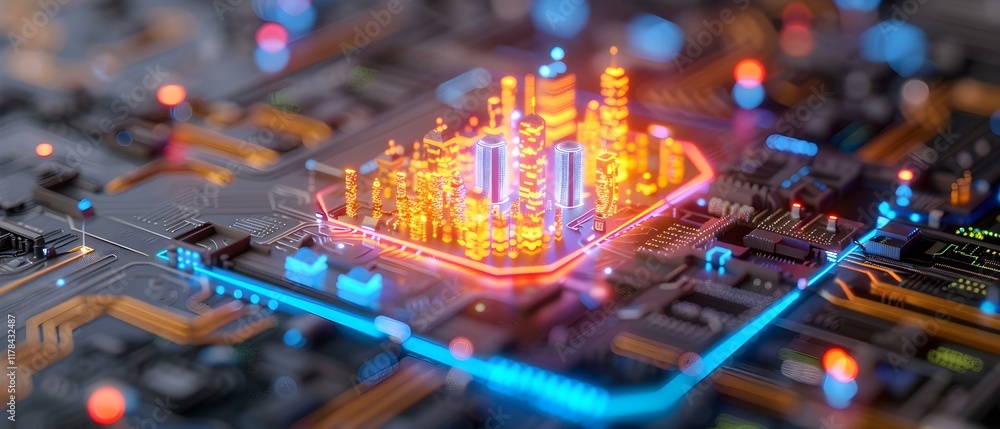 Aufkleber futuristic cityscape visualization on circuit board with vibrant lights and high-tech design element