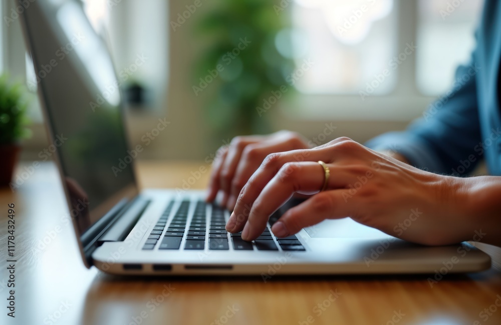 Aufkleber Person types on laptop keyboard indoors. Closeup view of hands working on computer. Modern tech tools for online communication, work. Home office workplace. Possible scenes online learning, internet