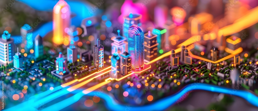 Poster futuristic cityscape with vibrant lights and digital elements on circuit board concept for technolog
