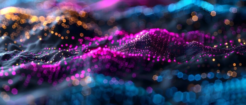 Abstract colorful digital landscape with glowing particles and bokeh effects, ideal for technology or science themes
