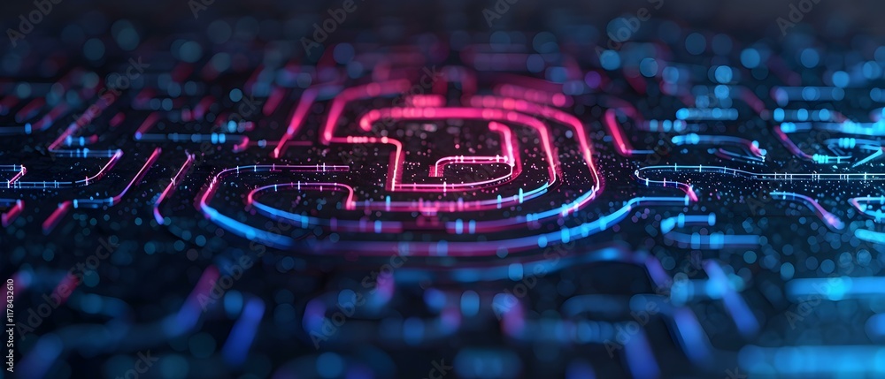 Poster abstract digital circuit board with glowing pink and blue lines representing technology and innovati