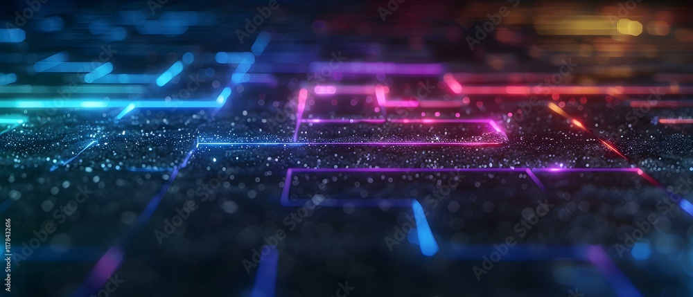 Poster vibrant abstract digital maze with neon lines and glittering particles in futuristic design