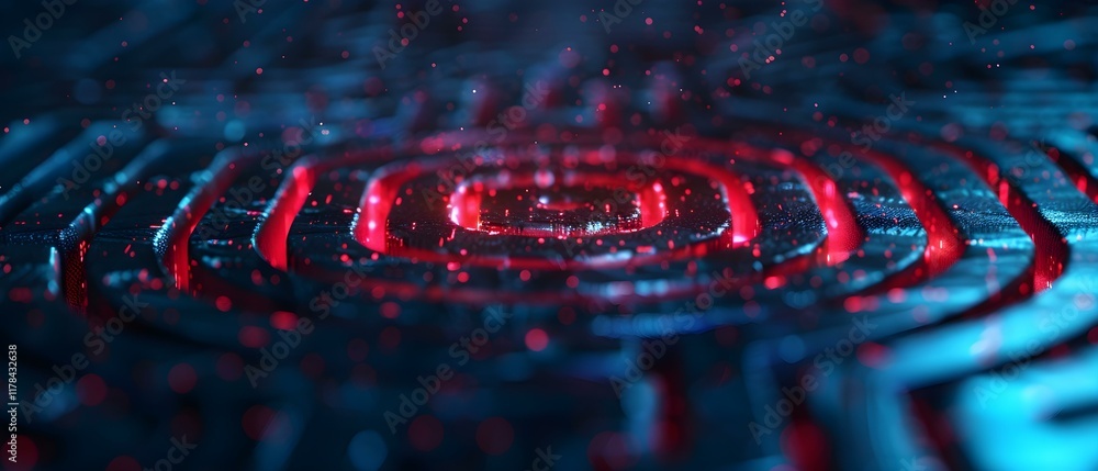 Poster illuminating pattern of abstract circles with glowing particles in deep blue and red color scheme