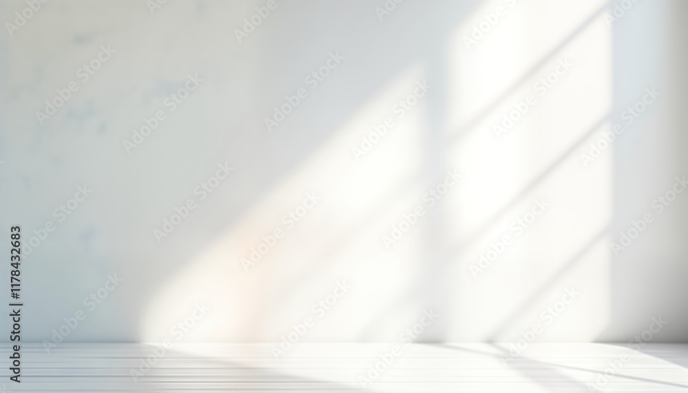 Poster empty studio interior with white wall, wooden floor. sunlight casts soft shadows from window. blank 