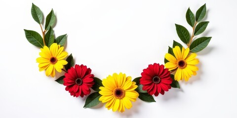 Obraz premium Floral Frame: A vibrant arrangement of red and yellow gerbera daisies and green leaves forms a beautiful, symmetrical frame, perfect for your designs. Diwali, makar sankranti, holi, new year