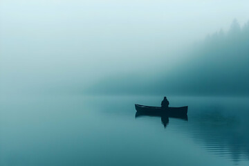Solitude's Embrace: Canoeing in Misty Lake