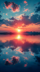 Sunset's Fiery Reflection on Calm Water