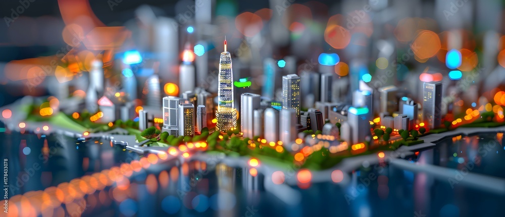 Poster miniature cityscape model simulation with blurred lights and detailed architecture in a vibrant urba