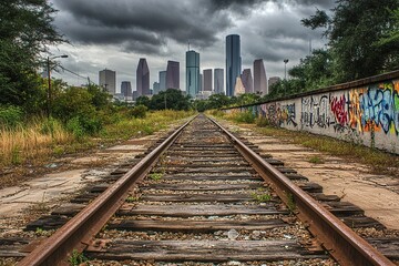 Naklejka premium Rusty Railroad Tracks Lead to City Skyline Under Stormy Clouds, Urban Decay Meets Modern Architecture