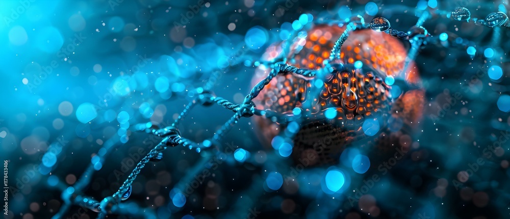 Poster close-up of a vibrant basketball behind a protective net surrounded by glimmering bokeh and water dr