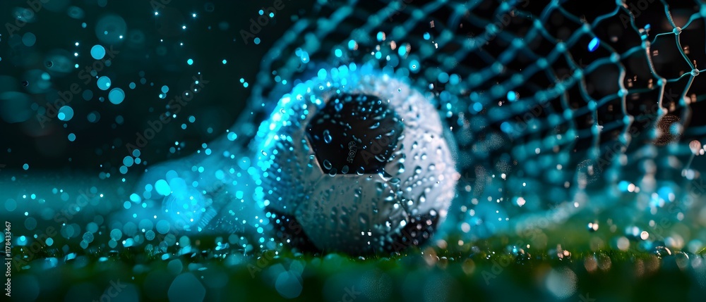 Poster dynamic close-up of a soccer ball in a goal with sparkling water droplets and glowing lights in a dr