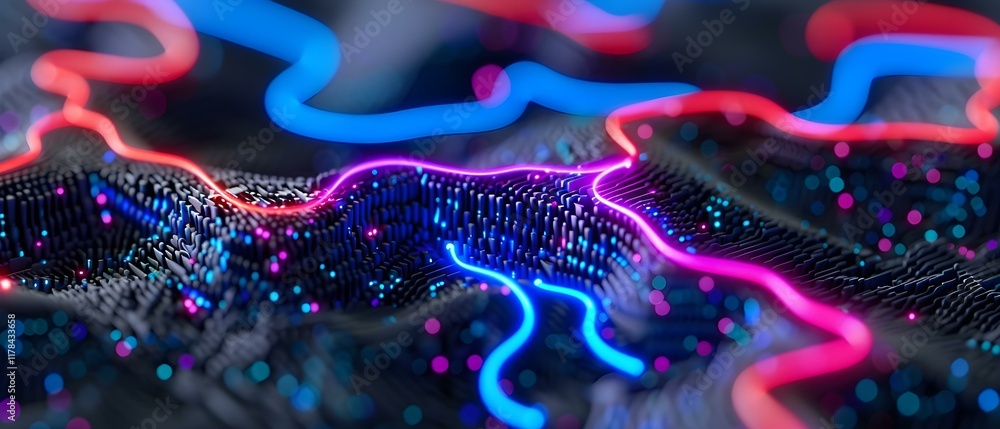 Poster abstract digital landscape with neon glowing lines and shimmering particles representing futuristic 