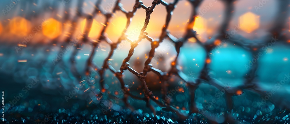 Poster glowing sunset through sports goal netting with bokeh effect and glimmers of light on the field surf