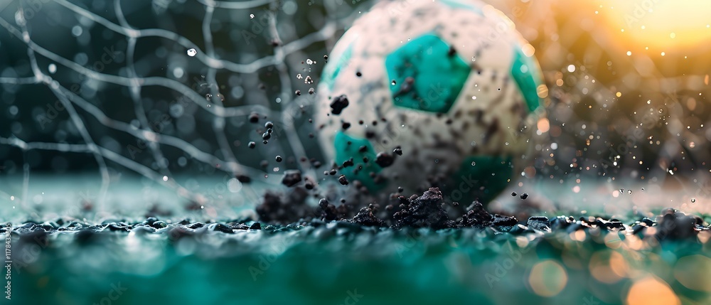 Poster action-packed close-up of a soccer ball splashing mud while hitting the goal net in a dynamic outdoo