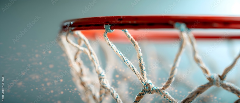 Poster close-up view of a basketball hoop with a focusing on the net and backboard in a basketball court se