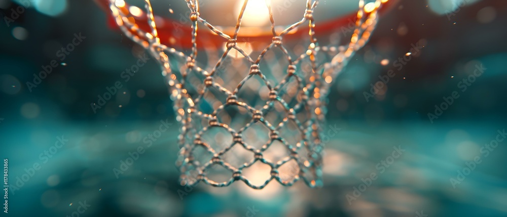 Poster close-up view of a basketball net glimmering under arena lights with motion blur effect