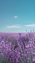 Naklejka premium Tranquil Lavender Field Under Clear Blue Sky Highlighting Hues of Purple and Blue in Serene Landscape