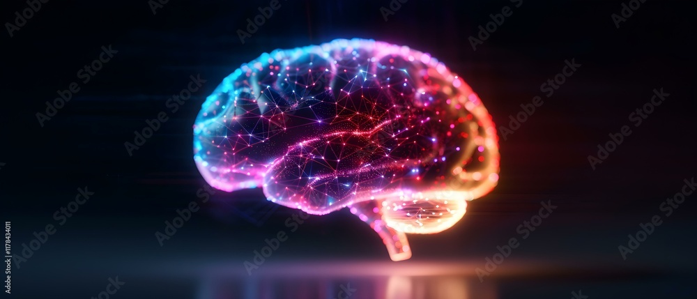 Poster colorful abstract representation of human brain with glowing connections and neural network concept