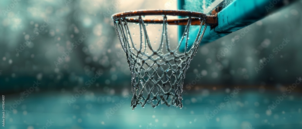Poster close-up of a basketball net with a blurred court background and soft bokeh effect, capturing sports
