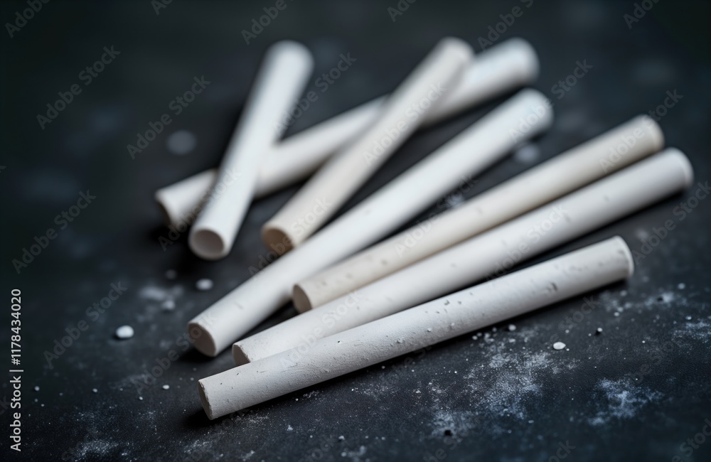 Aufkleber Close-up view of white chalk sticks on dark surface. Chalk pieces lie scattered. School supplies art materials. Simple, basic. Educational. Simple objects on plain background. Study. Creative. Learn.