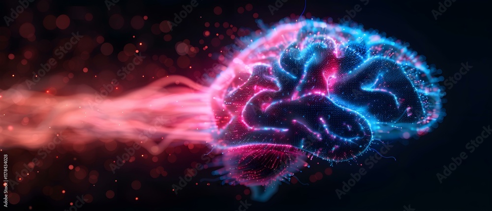 Poster vibrant neon brain visualization with colorful energy pulses representing thought and creativity dyn