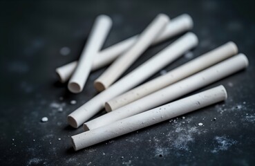 Close-up view of white chalk sticks on dark surface. Chalk pieces lie scattered. School supplies art materials. Simple, basic. Educational. Simple objects on plain background. Study. Creative. Learn.
