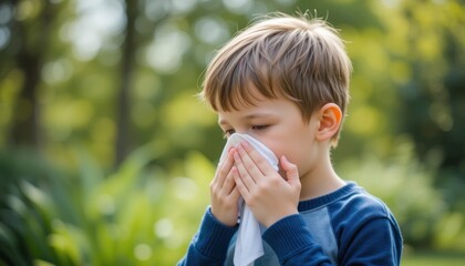 Fototapeta premium A young boy sneezing into a handkerchief while standing outdoors,surrounded by greenery, symbolizing allergies or seasonal illness.