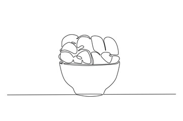 Junkfood in the bowl continuous one line drawing. Single line art illustration of food in the bowl. Editable vector.