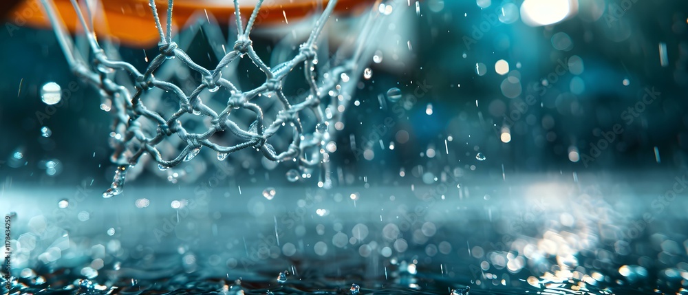 Poster water droplets splashing around a basketball hoop with blurred background creating a dynamic atmosph
