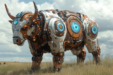 Fototapeta premium Mechanical Bull Stands In A Dry Field