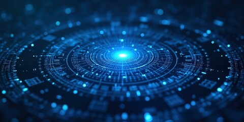Abstract Digital Core: Glowing blue circular technological network, futuristic data center, digital innovation, AI, technology, artificial intelligence 