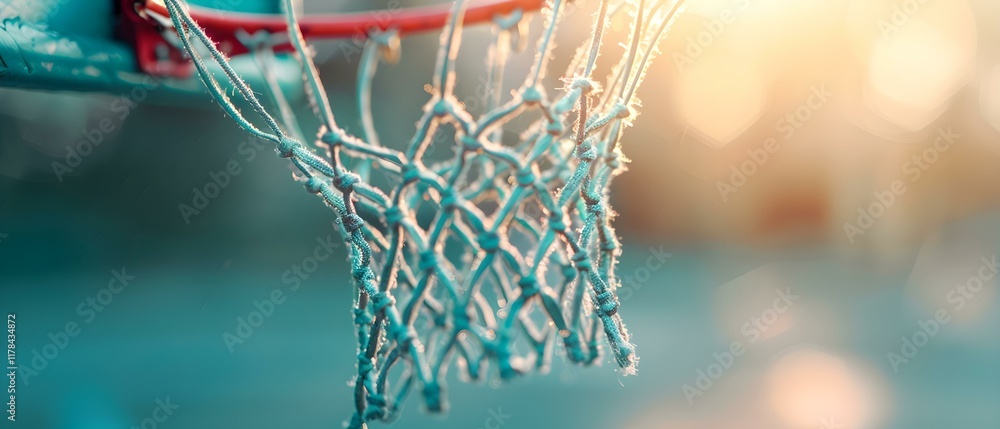 Poster close-up view of a worn basketball net caught in a glowing sunset with blurry background