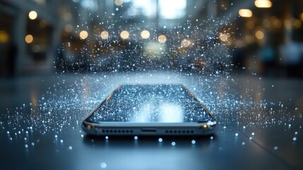A smartphone surrounded by sparkling particles, suggesting a digital or technological theme.