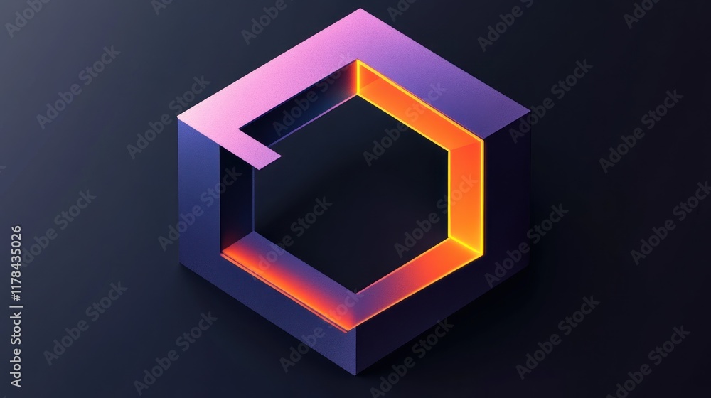 Poster abstract 3d hexagon with glowing edges.