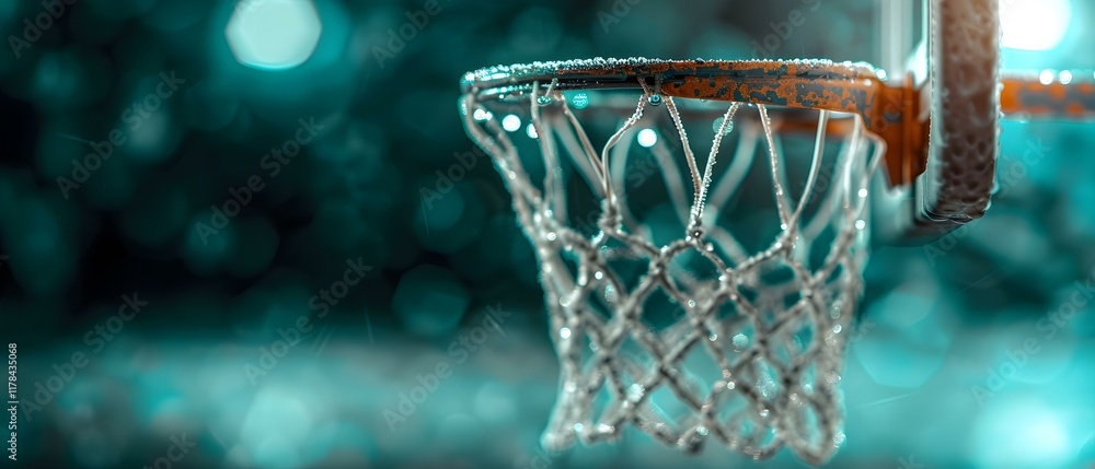 Poster close-up of a basketball net with bokeh background of a sports arena under soft lighting