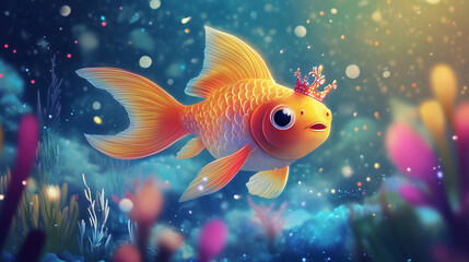 Regal Goldfish Underwater Scene Aquatic Crown, Fin, Scales, Fantasy