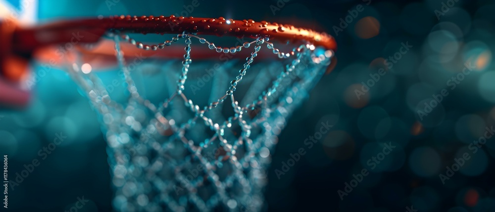 Poster close-up view of a basketball hoop with intricate net design and bokeh background effect in dynamic 