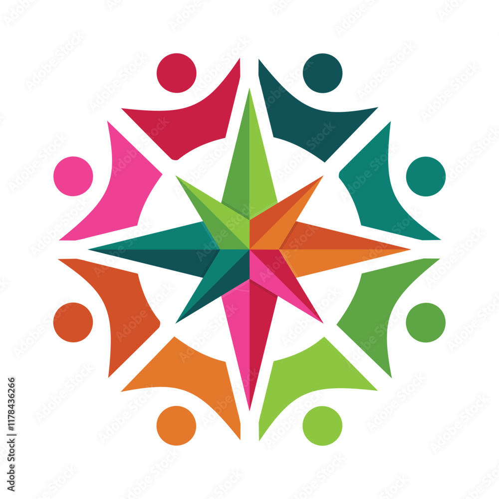 Poster the image shows a flat logo design that depicts eight abstract people holding together forming a cir