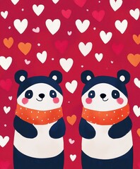 Obraz premium Two adorable panda bears stand side by side, surrounded by vibrant hearts, radiating love and joy on this special Valentine's Day.
