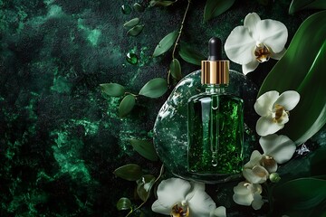 A bottle of green essence serum with a golden dropper is placed on an emerald stone, surrounded by orchid branches and leaves. The background features a dark green background.