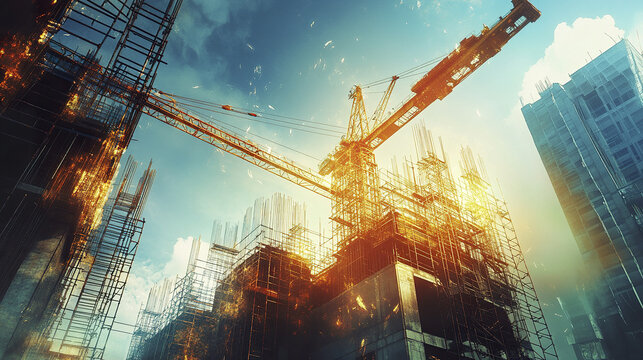 dynamic construction site with crane in motion and vibrant lighting