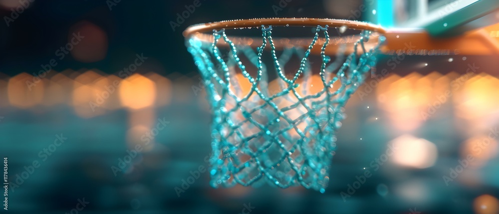 Poster close-up view of a basketball hoop with a glowing net and bokeh background in a dramatic indoor sett