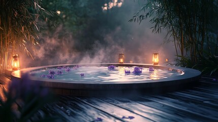 A serene hot tub with steaming water, featuring floating tealight candles and lavender flowers, set on a minimalist wooden deck surrounded by bamboo plants, with soft moonlight illuminating the scene,