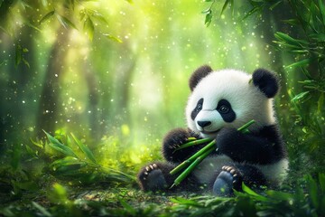 Fototapeta premium Cute Panda Eating Bamboo in Sun-Dappled Forest