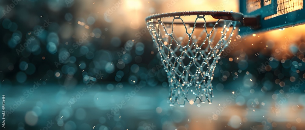 Aufkleber sunset reflection on a basketball hoop with water droplets and bokeh effect in a urban setting