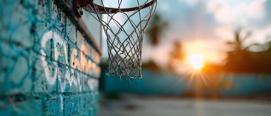 A Sunset Scene at an Abandoned Basketball Court Displaying a Rusty Hoop Against a Vivid Sky in a Serene Environment